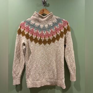 L.L. Bean LL BEAN Cotton Ragg Sweater, Funnelneck Fair Isle - Beige multi Sz S